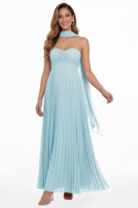 Powder Blue Strapless Scarf Chiffon Pleated Maxi Gown - Front View