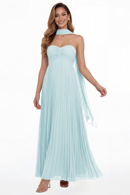 Powder Blue Strapless Scarf Chiffon Pleated Maxi Gown - Front View