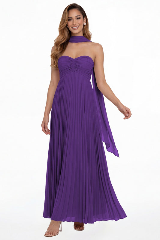 Purple Strapless Scarf Chiffon Pleated Maxi Gown - Front View