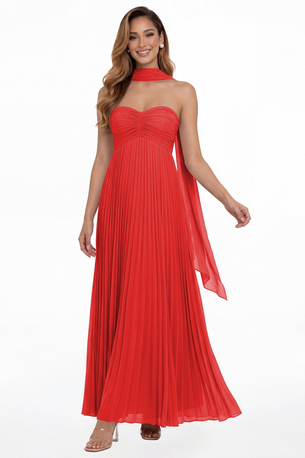 Red Strapless Scarf Chiffon Pleated Maxi Gown - Front View