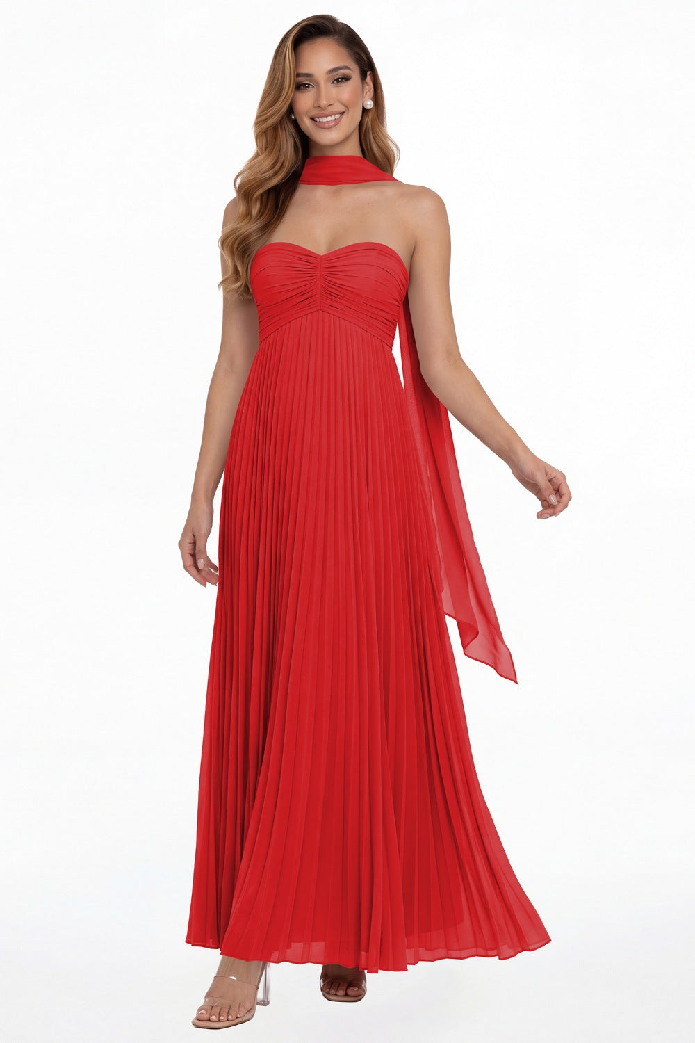 Red Strapless Scarf Chiffon Pleated Maxi Gown - Front View