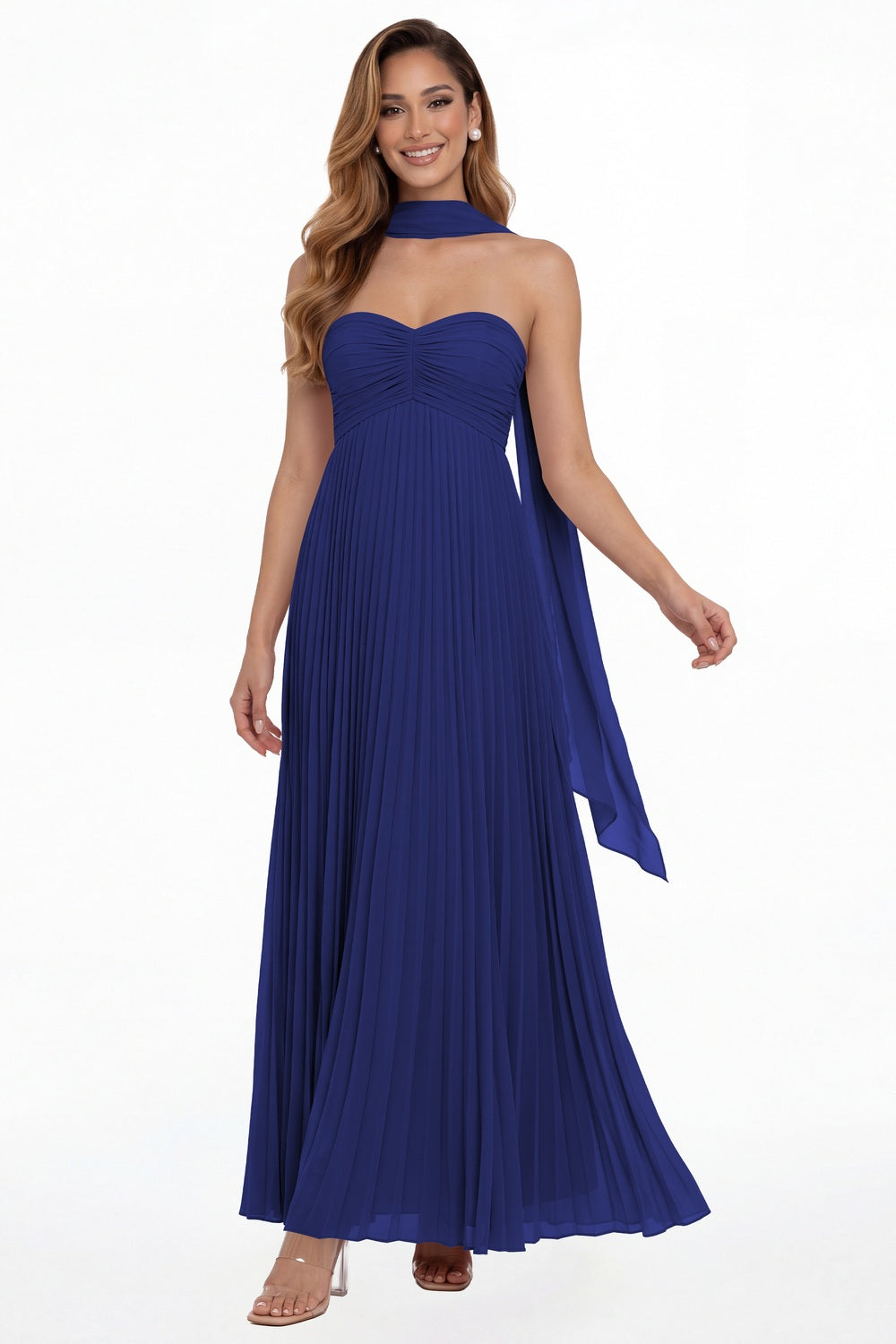 Royal Blue Strapless Scarf Chiffon Pleated Maxi Gown - Front View