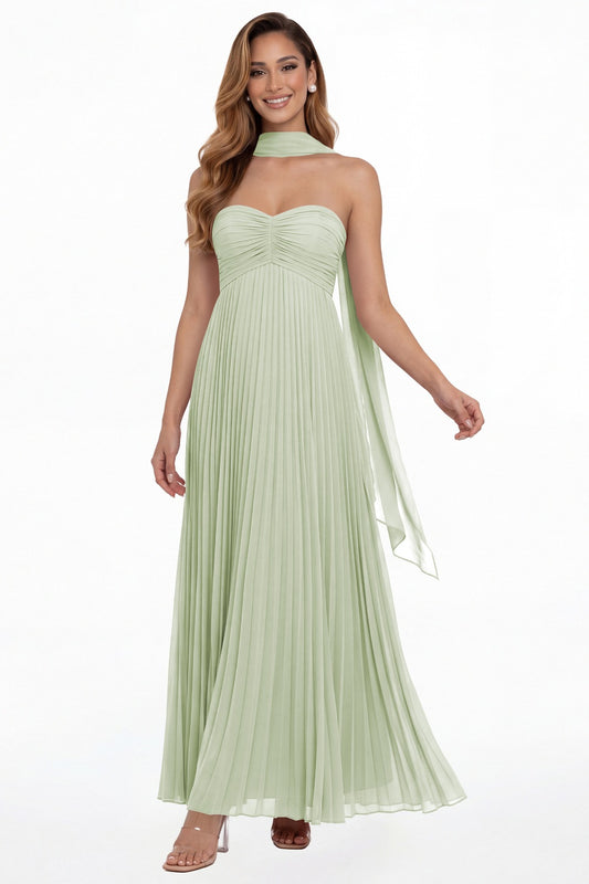 Sage Green Strapless Scarf Chiffon Pleated Maxi Gown - Front View