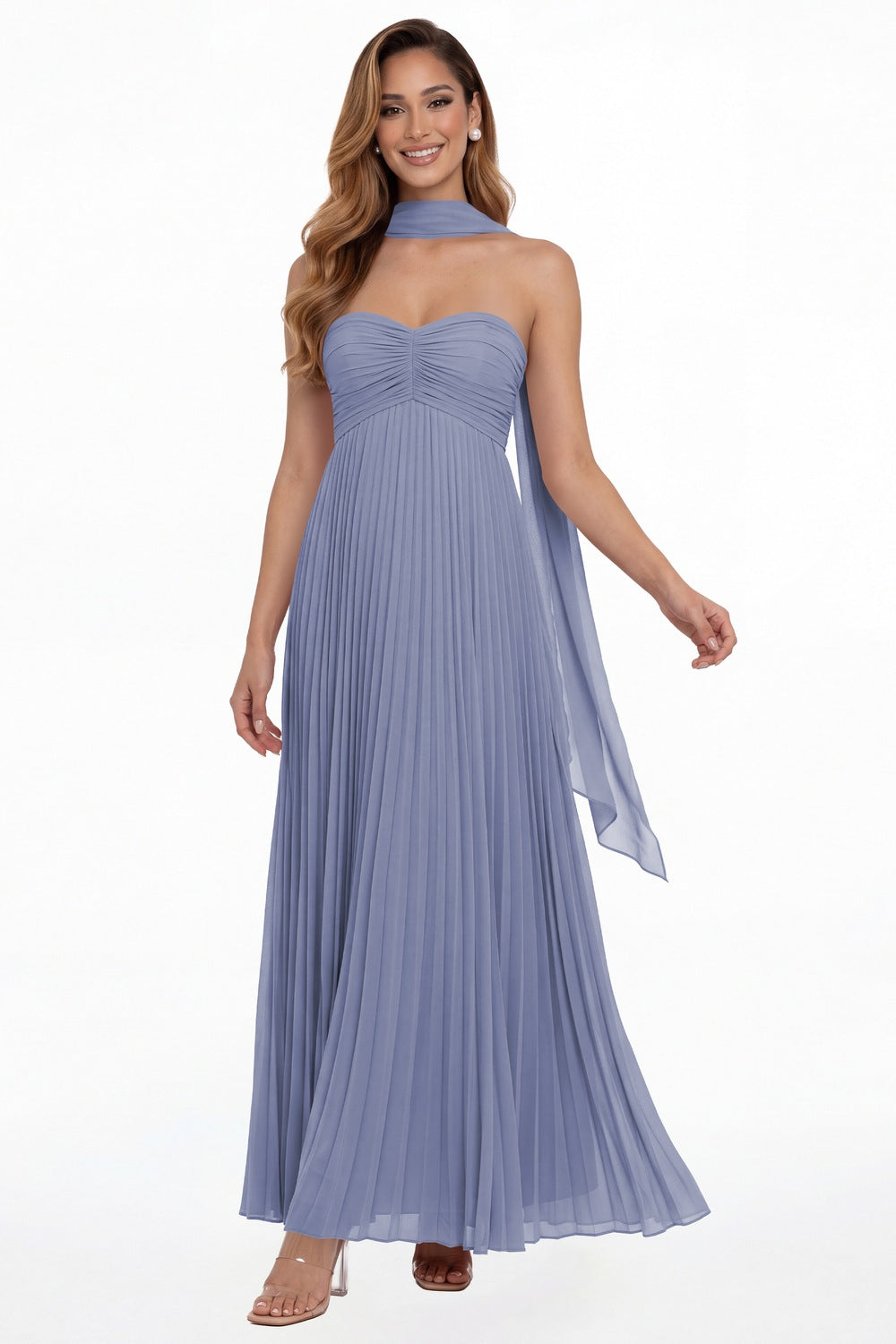 Steel Blue Strapless Scarf Chiffon Pleated Maxi Gown - Front View