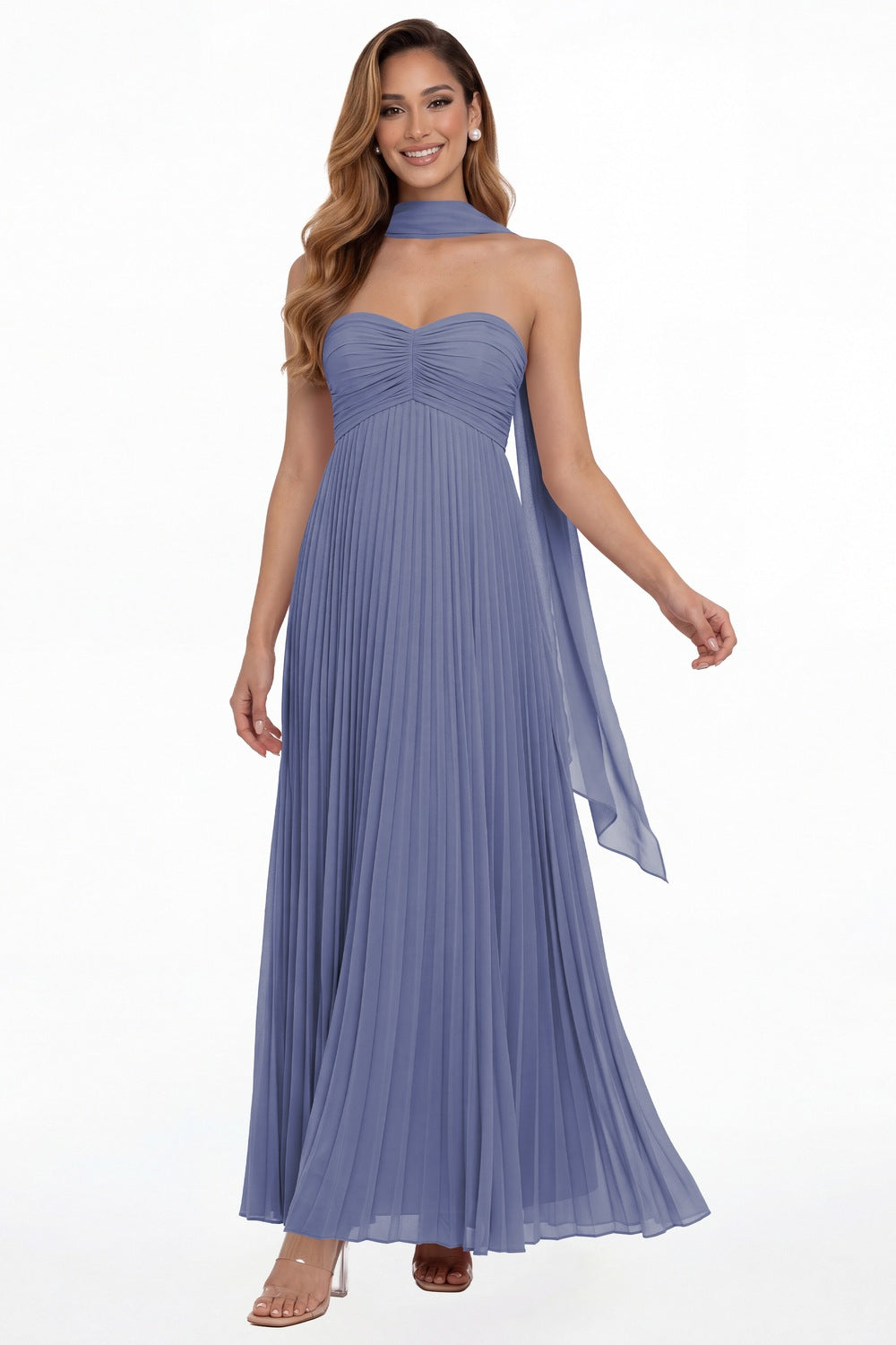 Steel Blue Strapless Scarf Chiffon Pleated Maxi Gown - Front View