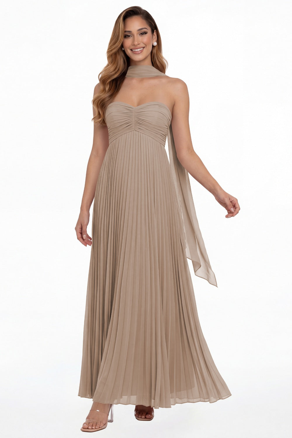 Taupe Strapless Scarf Chiffon Pleated Maxi Gown - Front View