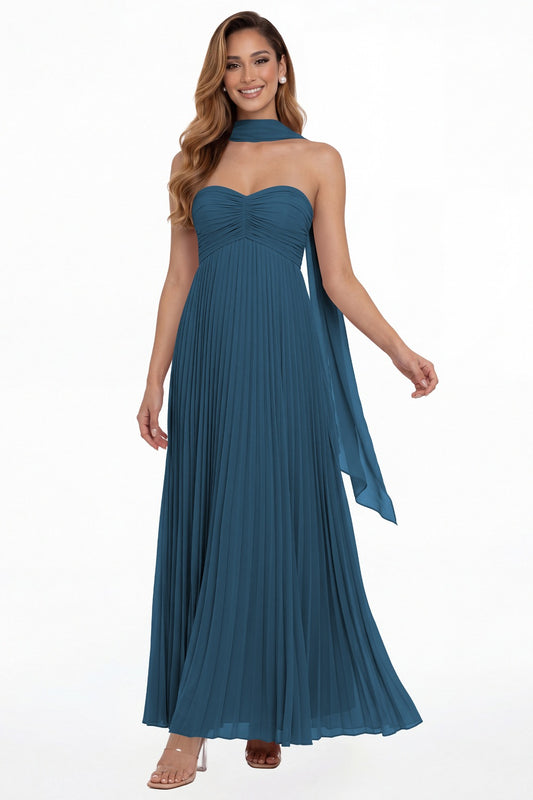 Teal Strapless Scarf Chiffon Pleated Maxi Gown - Front View