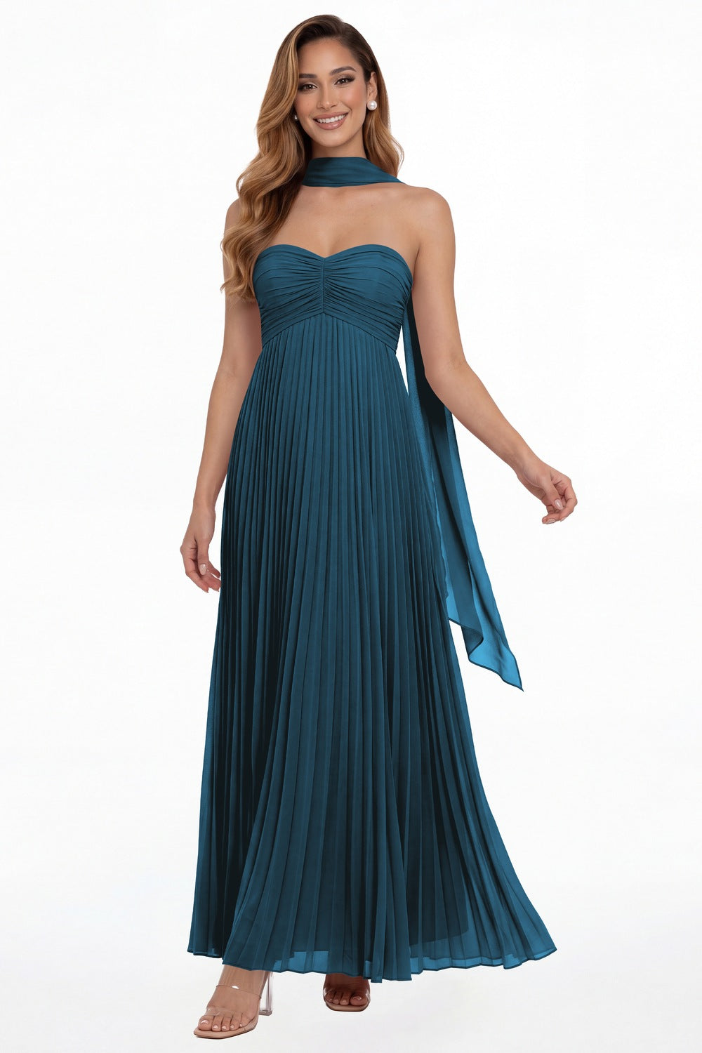 Teal Strapless Scarf Chiffon Pleated Maxi Gown - Front View