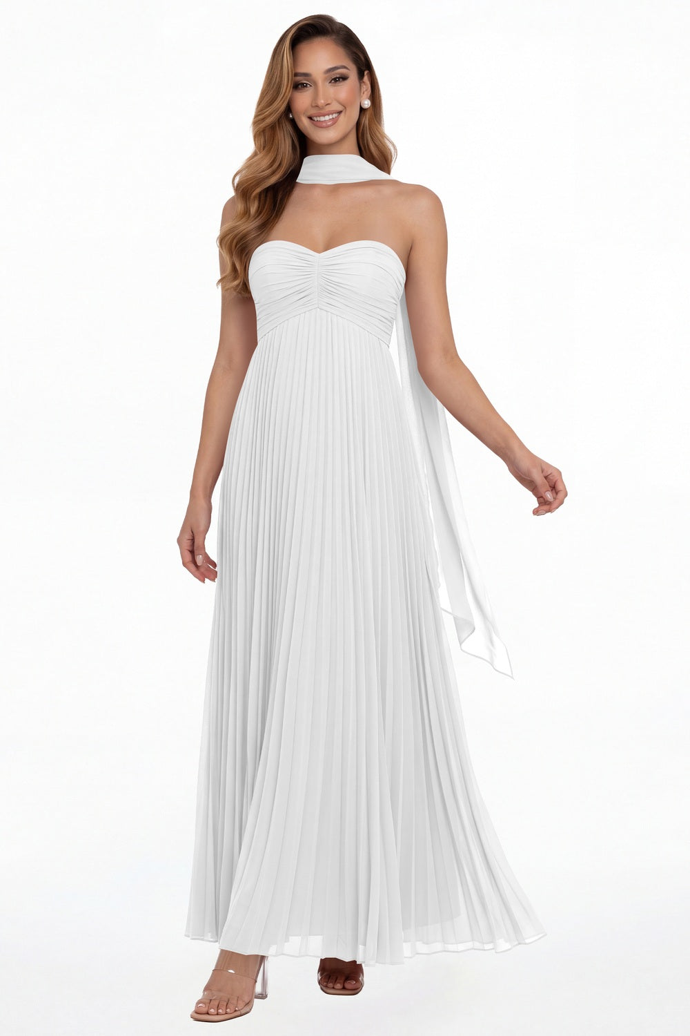 White Strapless Scarf Chiffon Pleated Maxi Gown - Front View