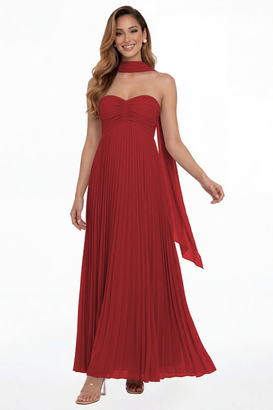 Wine Red Strapless Scarf Chiffon Pleated Maxi Gown - Front View