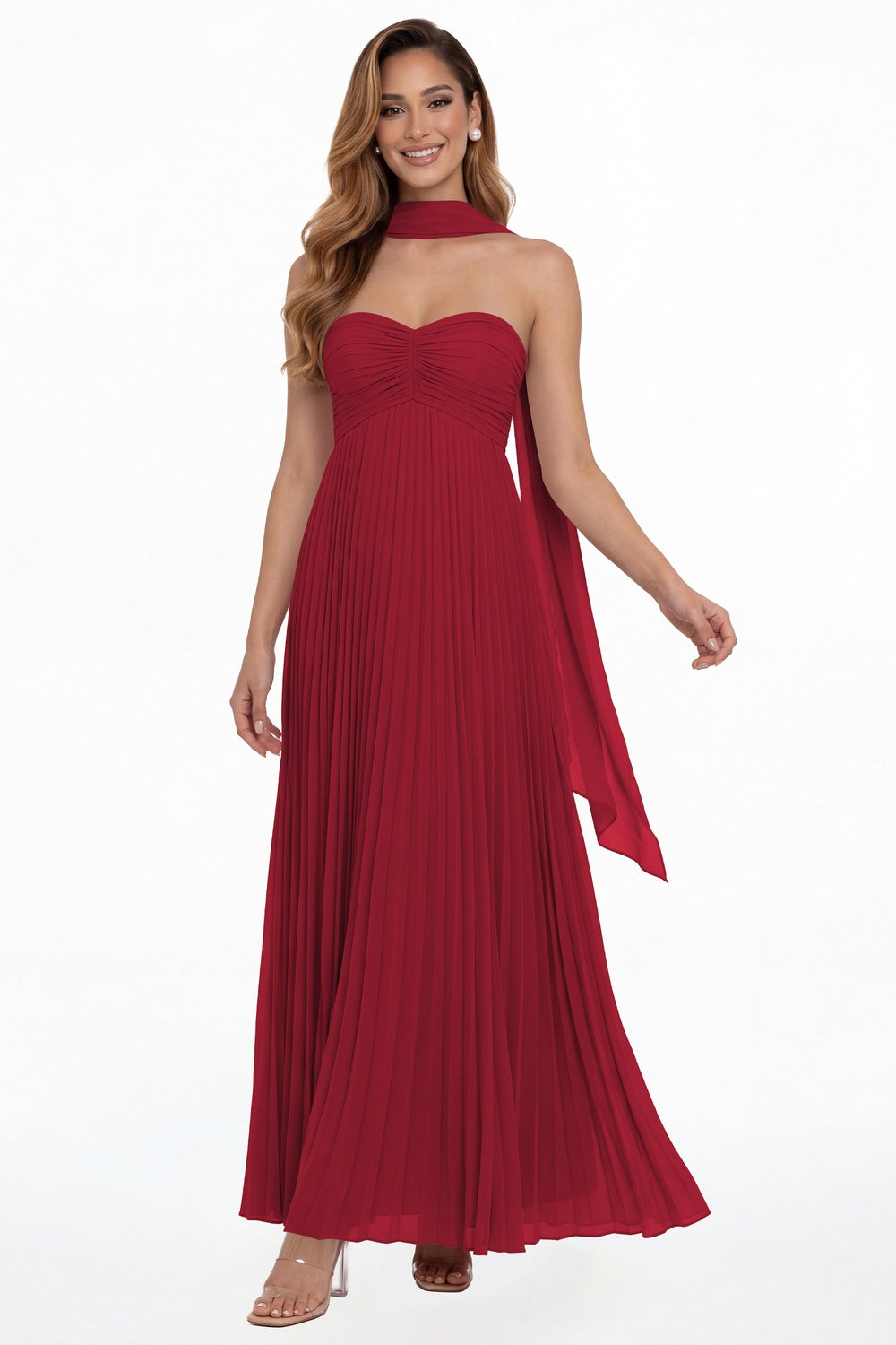 Wine Red Strapless Scarf Chiffon Pleated Maxi Gown - Front View