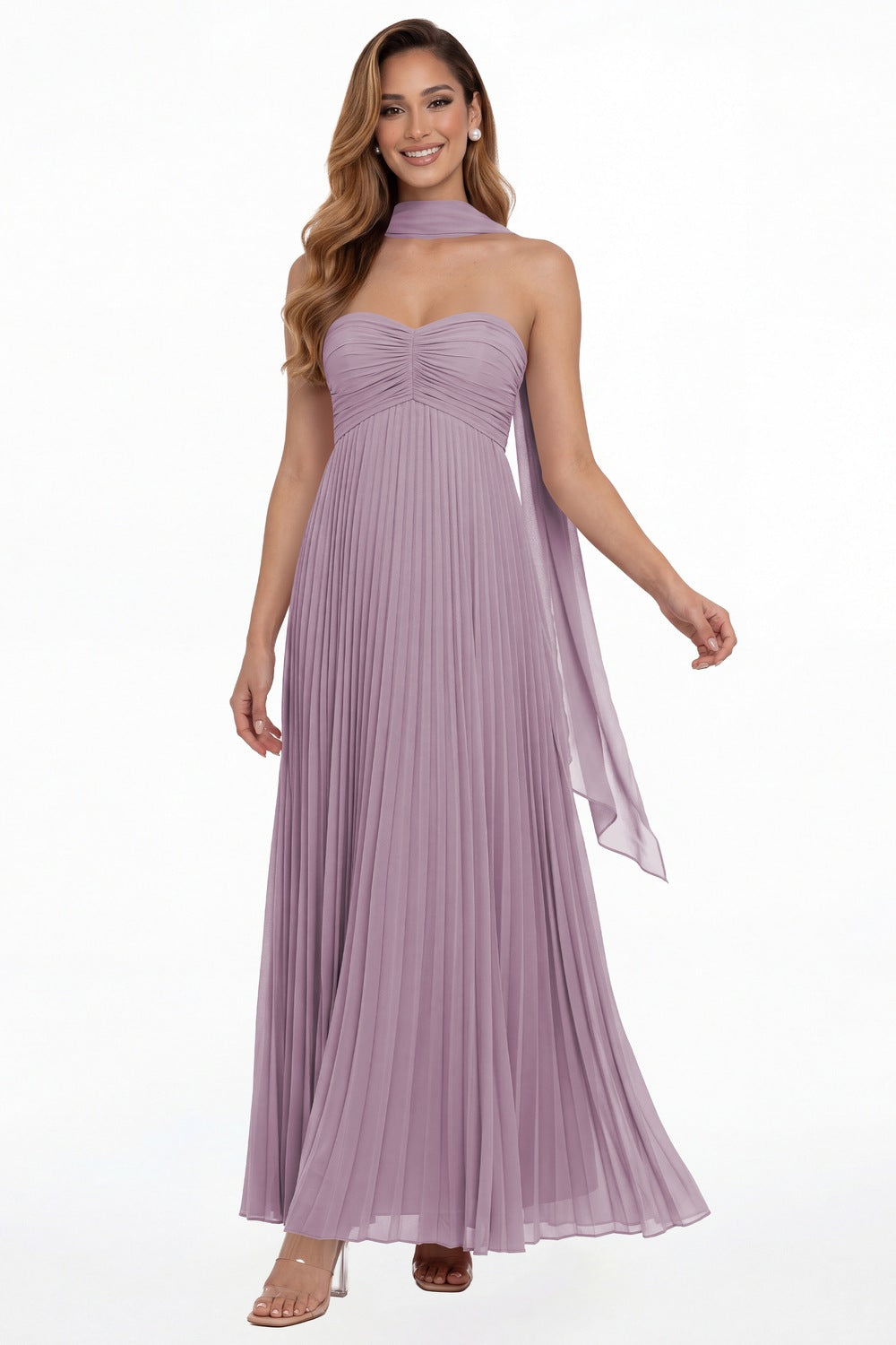 Wisteria Strapless Scarf Chiffon Pleated Maxi Gown - Front View