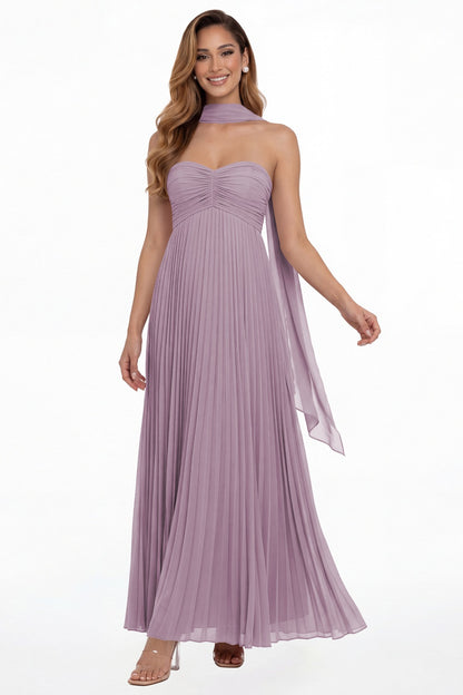 Wisteria Strapless Scarf Chiffon Pleated Maxi Gown - Front View