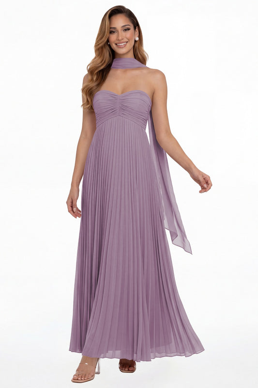 Wisteria Strapless Scarf Chiffon Pleated Maxi Gown - Front View