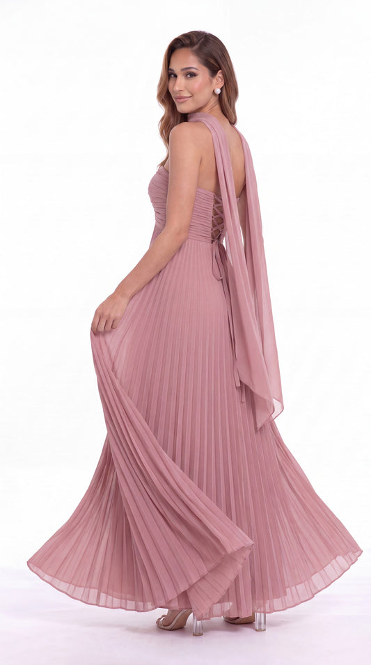 Strapless Scarf Chiffon Pleated Maxi Gown - Back View