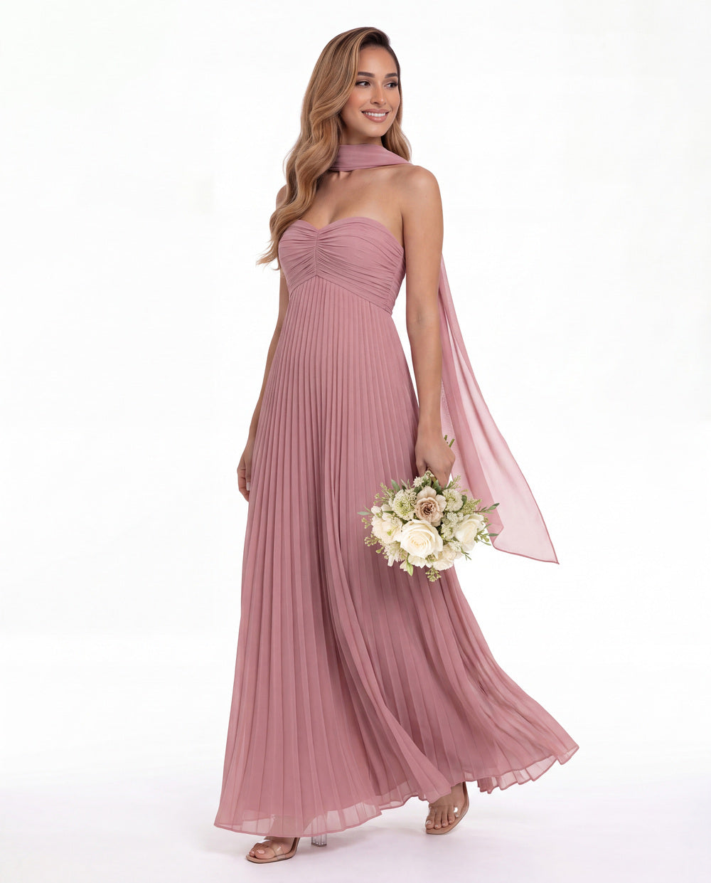 Strapless Scarf Chiffon Pleated Maxi Gown - Detail View 1