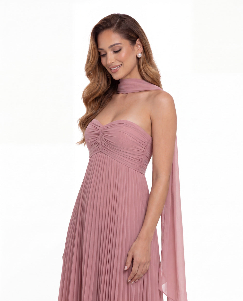 Strapless Scarf Chiffon Pleated Maxi Gown - Detail View 4