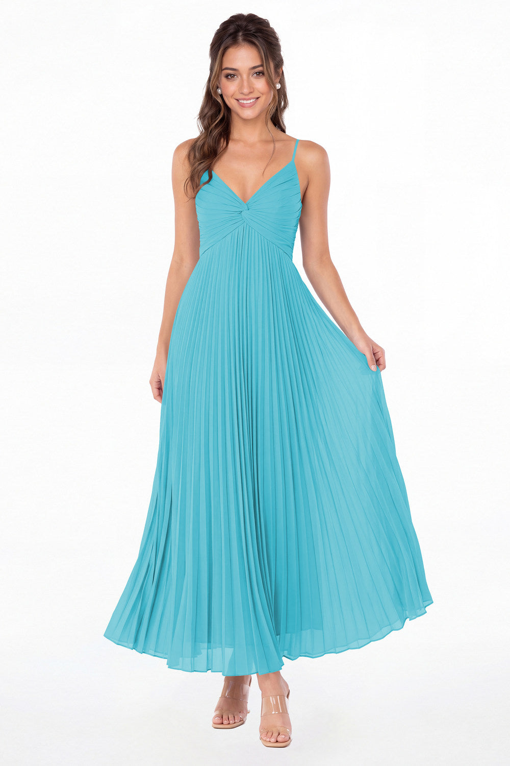 Aqua Blue Twist Front Pleated Chiffon Maxi Dress - Front View