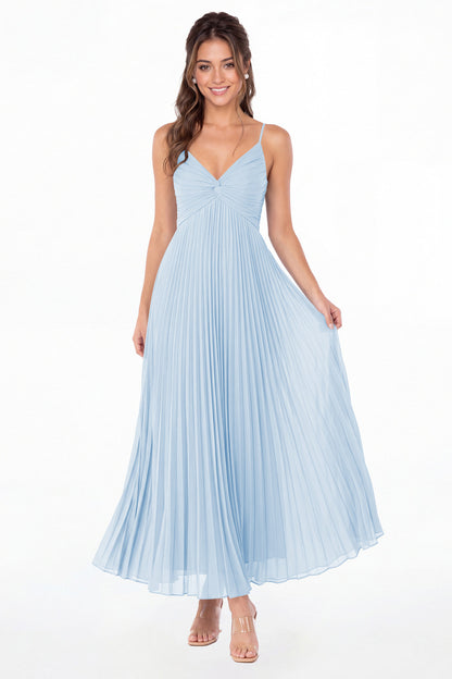 Baby Blue Twist Front Pleated Chiffon Maxi Dress - Front View