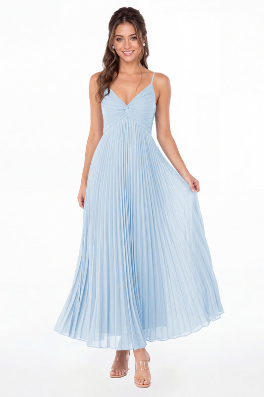 Baby Blue Twist Front Pleated Chiffon Maxi Dress - Front View