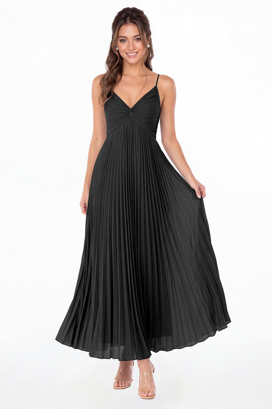 Black Twist Front Pleated Chiffon Maxi Dress - Front View