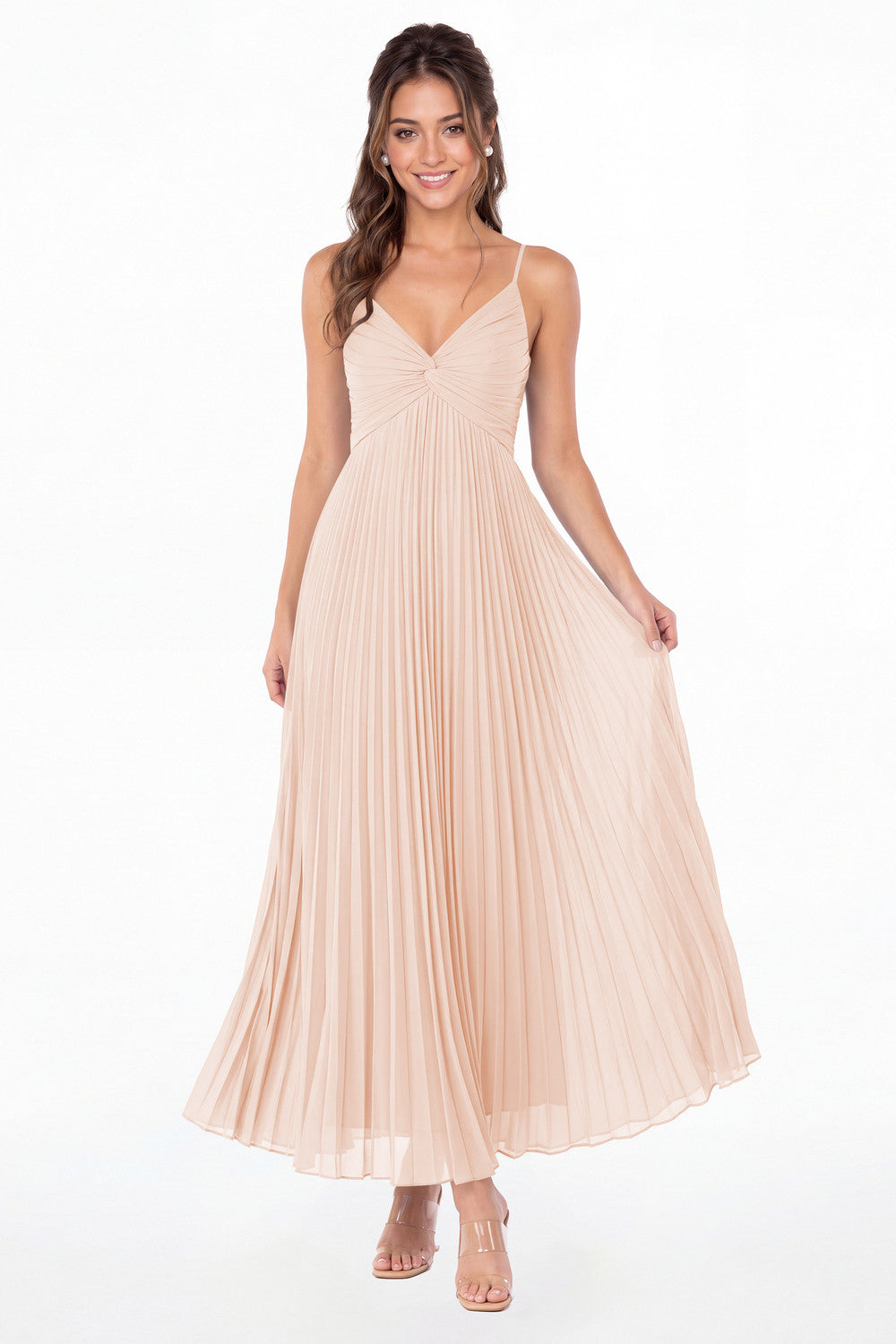 Blush Pink Twist Front Pleated Chiffon Maxi Dress - Front View