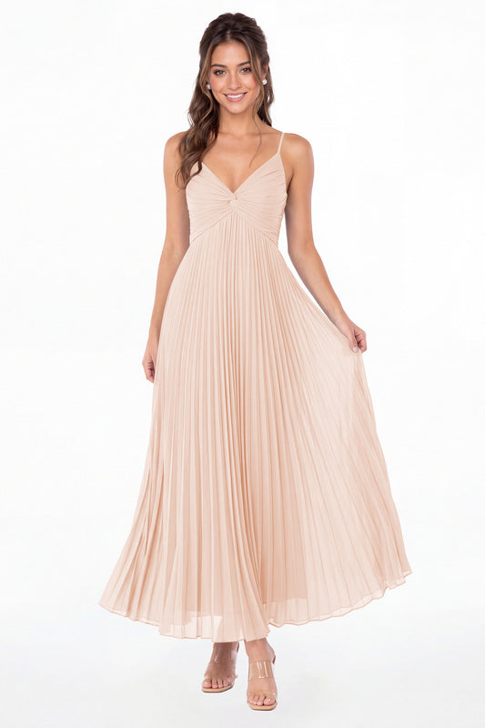 Blush Pink Twist Front Pleated Chiffon Maxi Dress - Front View