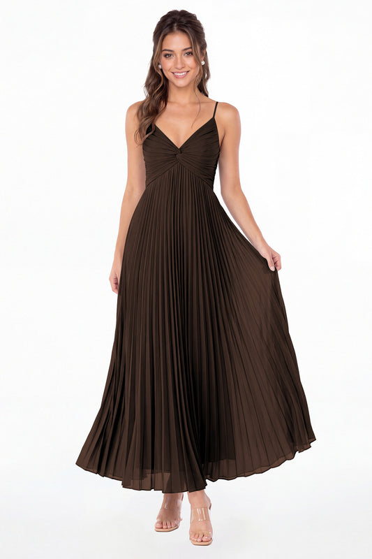 Brown Twist Front Pleated Chiffon Maxi Dress - Front View