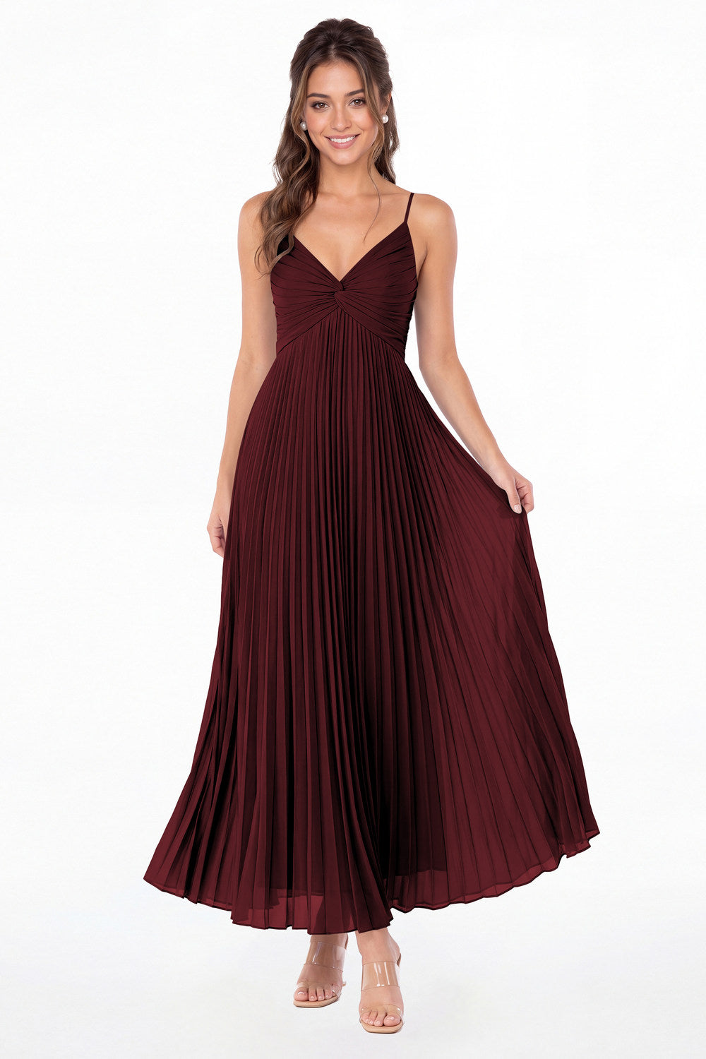 Burgundy Twist Front Pleated Chiffon Maxi Dress - Front View