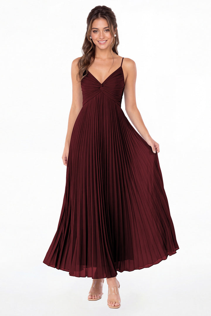 Burgundy Twist Front Pleated Chiffon Maxi Dress - Front View
