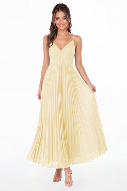 Butter Yellow Twist Front Pleated Chiffon Maxi Dress - Front View