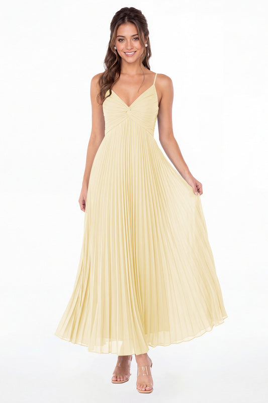 Butter Yellow Twist Front Pleated Chiffon Maxi Dress - Front View