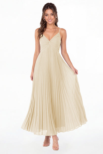 Champagne Twist Front Pleated Chiffon Maxi Dress - Front View
