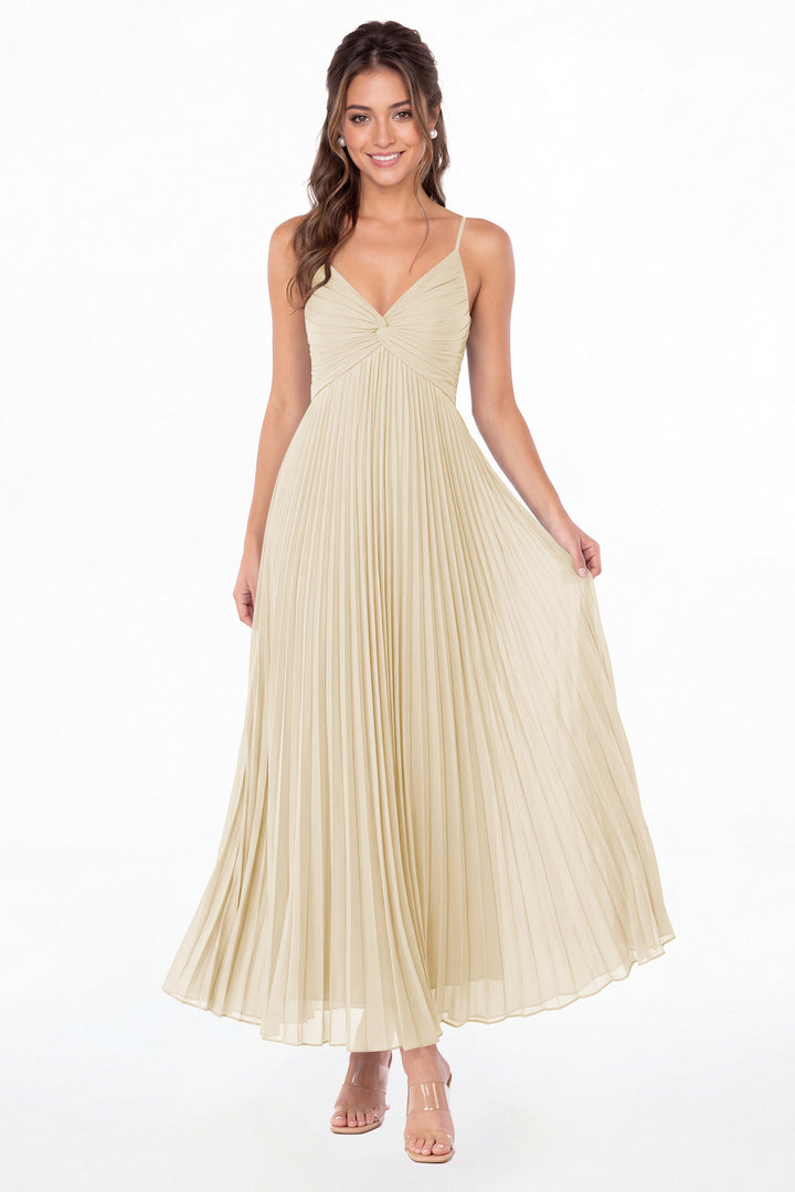 Champagne Twist Front Pleated Chiffon Maxi Dress - Front View
