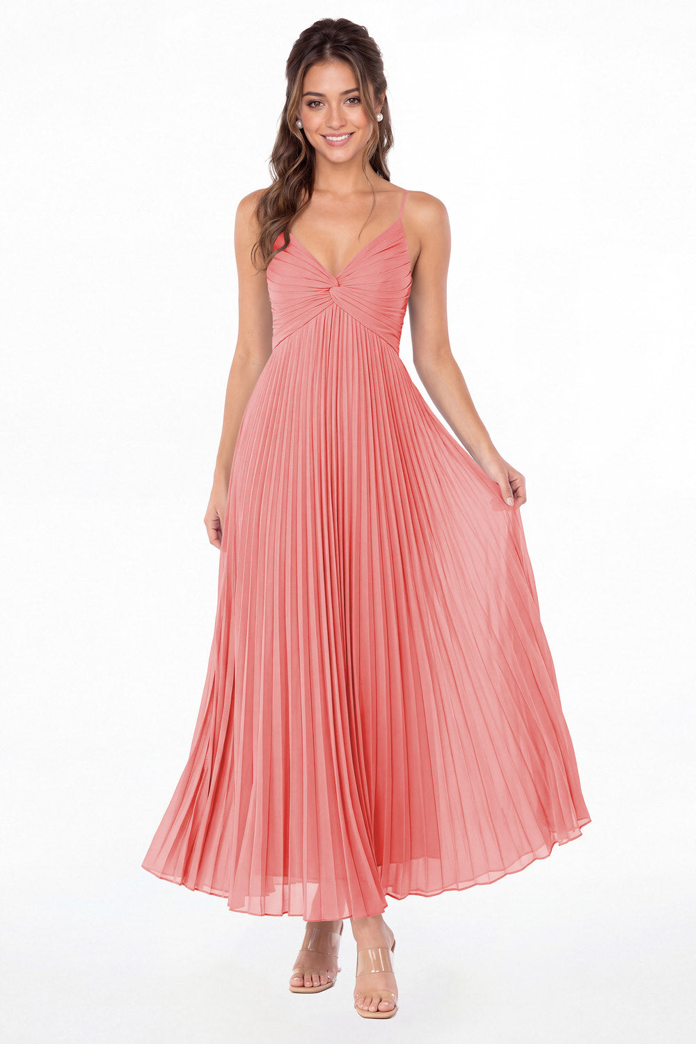 Coral Twist Front Pleated Chiffon Maxi Dress - Front View