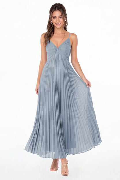 Dusty Blue Twist Front Pleated Chiffon Maxi Dress - Front View