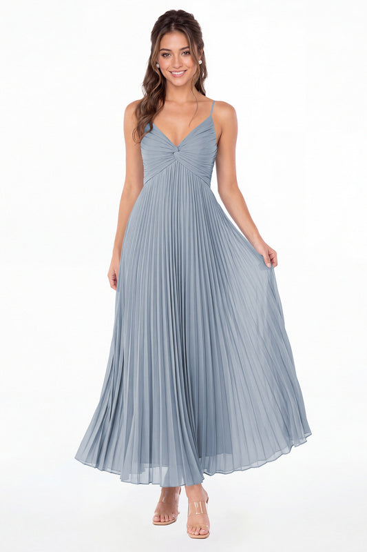 Dusty Blue Twist Front Pleated Chiffon Maxi Dress - Front View