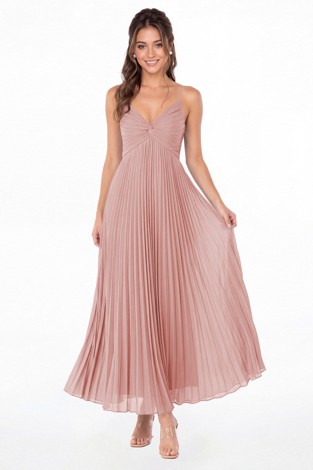 Dusty Rose Twist Front Pleated Chiffon Maxi Dress - Front View