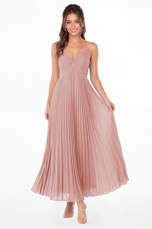 Dusty Rose Twist Front Pleated Chiffon Maxi Dress - Front View