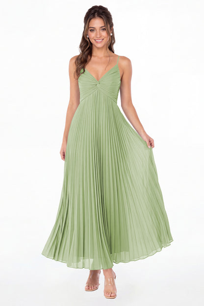 Dusty Sage Twist Front Pleated Chiffon Maxi Dress - Front View