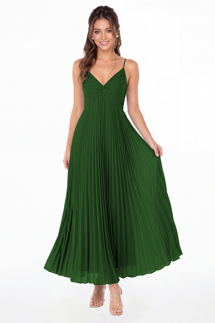 Emerald Green Twist Front Pleated Chiffon Maxi Dress - Front View