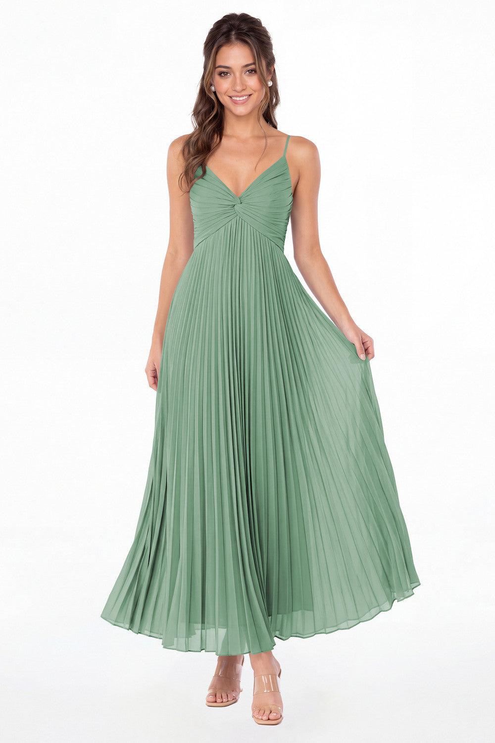 Eucalyptus Twist Front Pleated Chiffon Maxi Dress - Front View