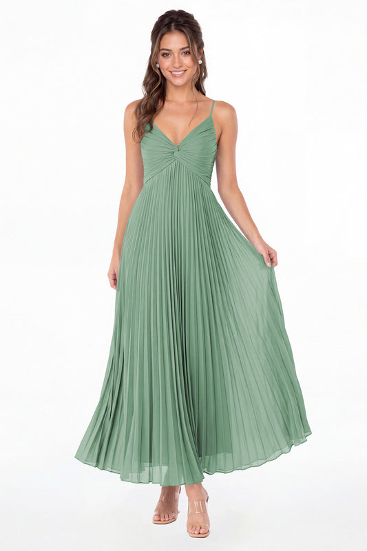 Eucalyptus Twist Front Pleated Chiffon Maxi Dress - Front View