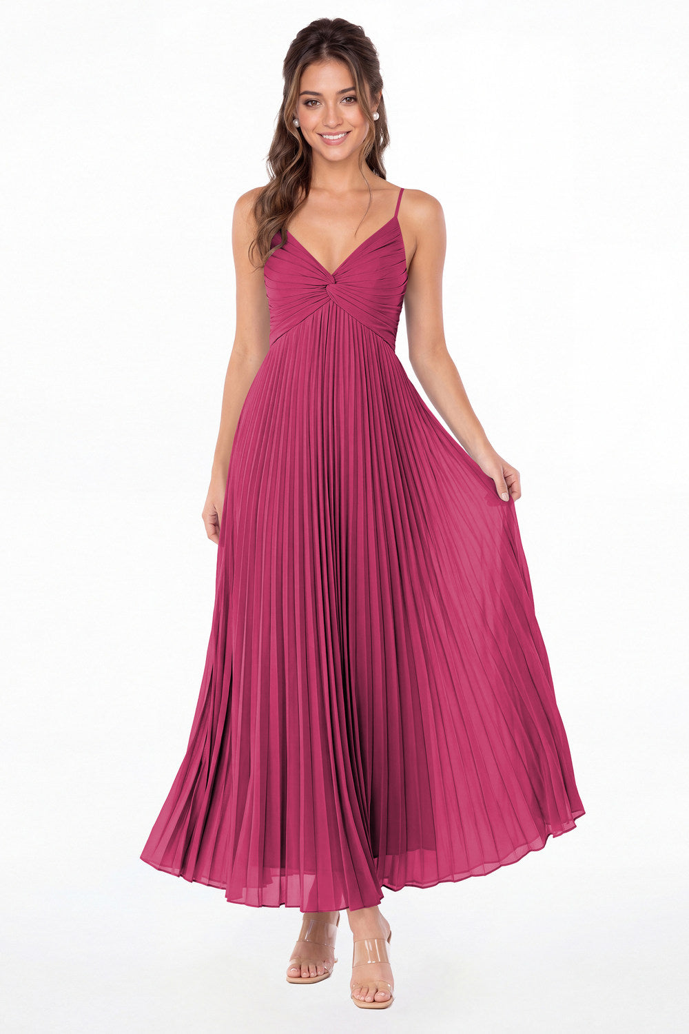 Fuchsia Twist Front Pleated Chiffon Maxi Dress - Front View