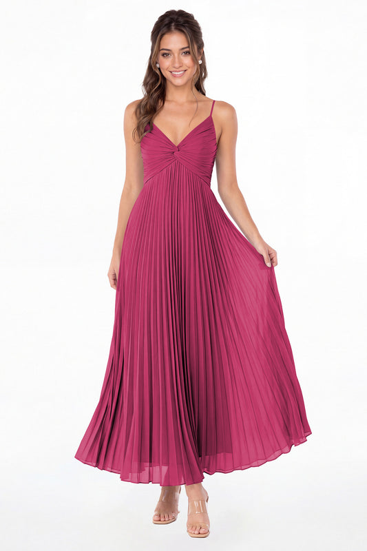 Fuchsia Twist Front Pleated Chiffon Maxi Dress - Front View