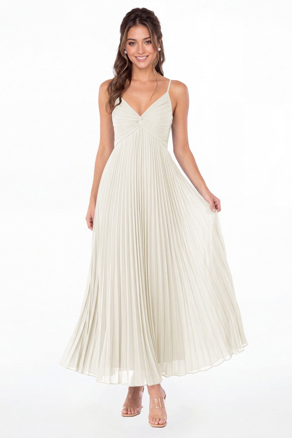 Ivory Twist Front Pleated Chiffon Maxi Dress - Front View