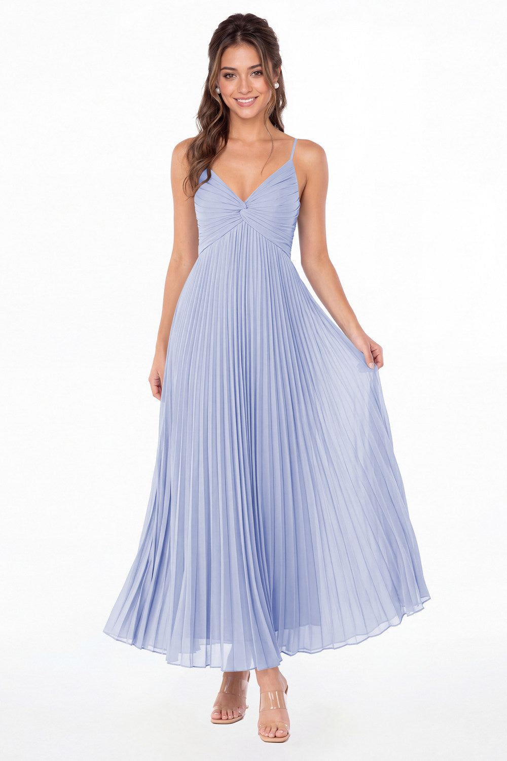 Lavender Twist Front Pleated Chiffon Maxi Dress - Front View