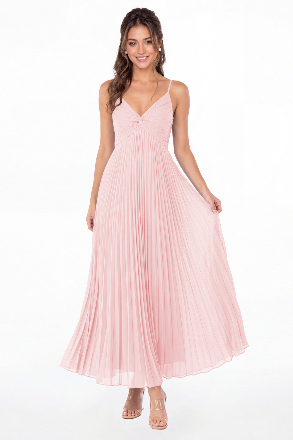 Light Pink Twist Front Pleated Chiffon Maxi Dress - Front View