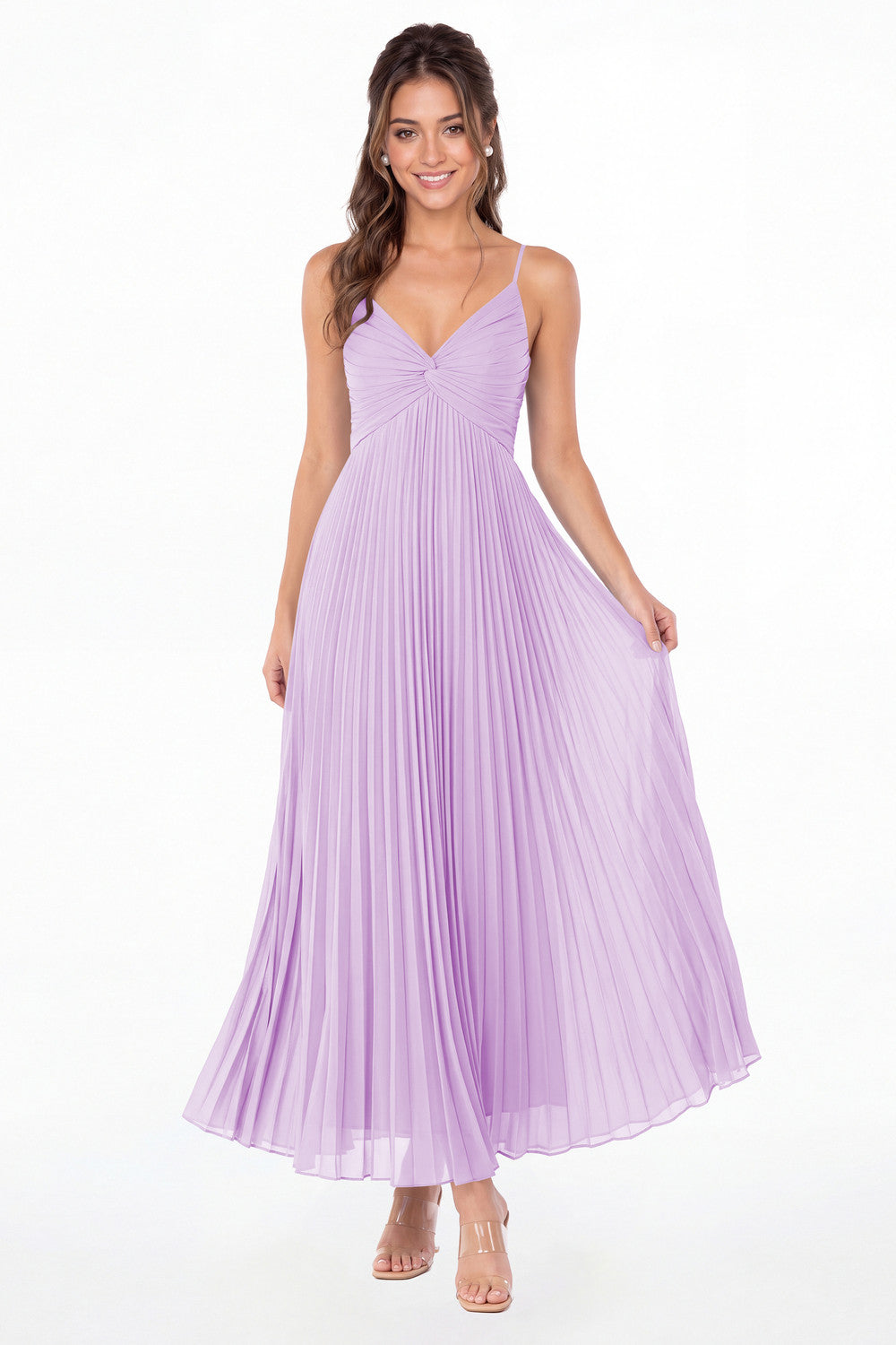 Lilac Twist Front Pleated Chiffon Maxi Dress - Front View