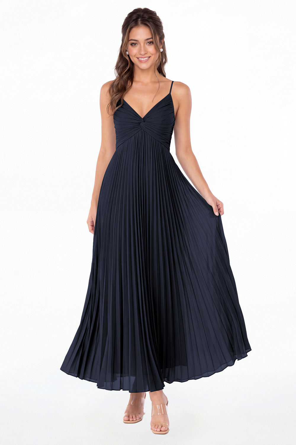 Navy Blue Twist Front Pleated Chiffon Maxi Dress - Front View